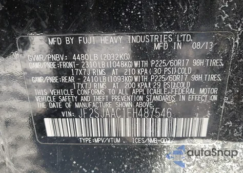 2014 Subaru Forester 2.5I z USA, uszkodzony, nr VIN JF2SJAAC1EH487546